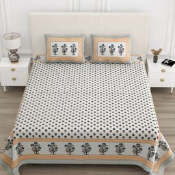 TrueYarns White & Blue Ethnic Motifs 210 TC King Bedsheet with 2 Pillow Covers-image-94