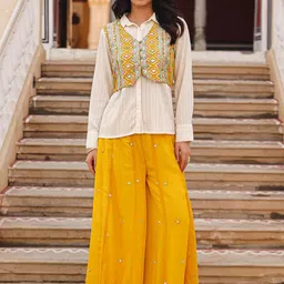 Juniper Striped Shirt With Palazzos & Embroidered Jacket-image-7
