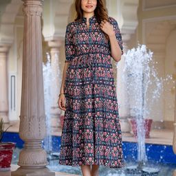 KALINI Women Printed Puff Sleeve Pure Cotton Fit & Flare Midi Dress-image-7