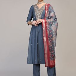 Moda Rapido Women Ethnic Motifs Embroidered Regular Kurta with Trousers & With Dupatta-picture-38