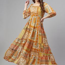 Cottinfab Women Mustard Yellow Ethnic Printed A-Line Maxi Dress-32