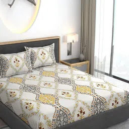 Myntra Elegant Homes Yellow & Grey Floral 300 TC King Bedsheet with 2 Pillow Covers-7