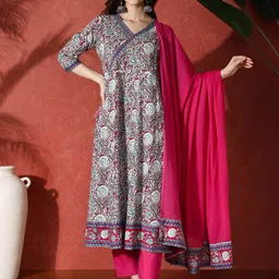 Sangria Paisley Printed & Embroidered Pure Cotton A-Line Kurta & Trousers With Dupatta-6
