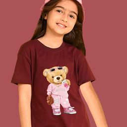 NUSYL Girls Cute Bears Printed Round Neck Short Sleeves Oversized T-shirt-image-31