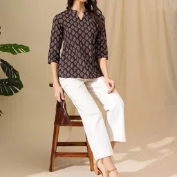 KALINI Floral Print Mandarin Collar Cotton Top-image-48