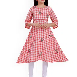MASTARANG Girls Checked Thread Work Pure Cotton A-Line Kurta With Leggings-picture-58