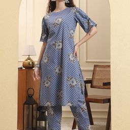 Yufta Women Floral Checked Cotton Kurta with Trousers-image-98