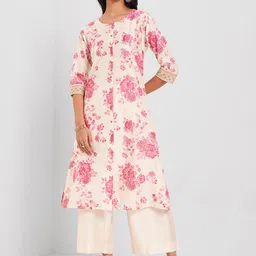 RANGMANCH BY PANTALOONS Floral Printed Round Neck Cotton A-Line Kurta With Palazzos-46