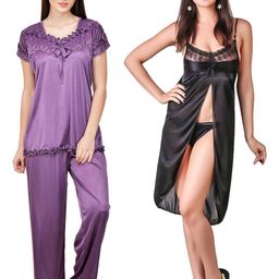 PHALIN Women Multicoloured Satin Solid Nightdress-image-94