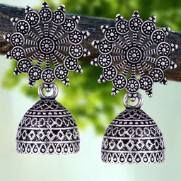 DIVASTRI Set of 5 Silver-Plated Oxidized Floral Shaped Jhumkas-57