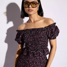 CORSICA Floral Print Off-Shoulder Smocked Bardot Crop Top-image-34