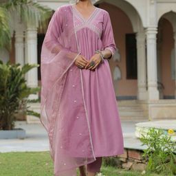 HouseOfCommon Floral Yoke Design Sequnnied Anarkali Kurta With Trousers & Dupatta-picture-24