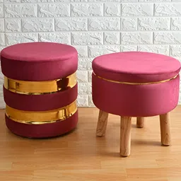 Shadowkart 2 Pcs Burgundy Wooden Pouffes Ottoman-45