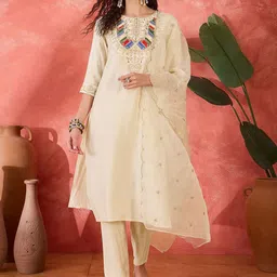 Sangria Floral Embroidered Straight Kurta With Trousers & Dupatta-image-95