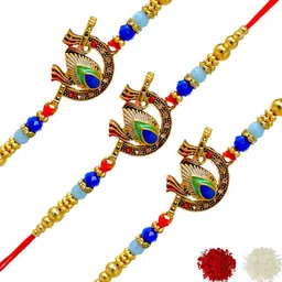 MEIRA JEWELLERY Set Of 3 Religious Flute Designer Rakhis With Greeting Card & Roli Chawal-image-33