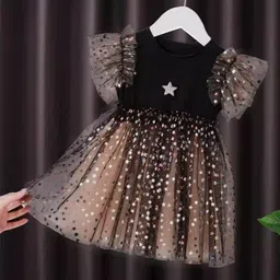 YK Girls Stars Self Design Flutter Sleeve Fit & Flare Dress-image-66