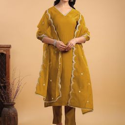 KALINI Gotta Patti V-Neck Straight Chanderi Silk Kurta With Trousers & Dupatta-5