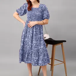 Raiyani Fashion Floral Print Puff Sleeve Applique Fit & Flare Midi Dress-picture-43