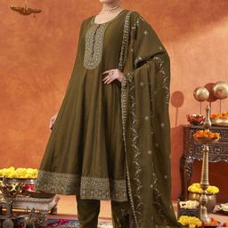 Saanjh Green & Gold Toned Floral Embroidered Anarkali Kurta with Trousers & Dupatta-image-39