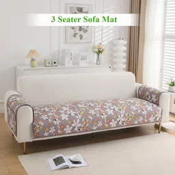 HOKIPO Brown & White Floral Printed 3 Seater Sofa Seat Mat & 2 Armrest Covers With Pockets-image-69