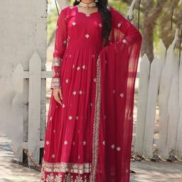 KALINI Embroidered Georgette Anarkali Kurta With Dupatta-image-26