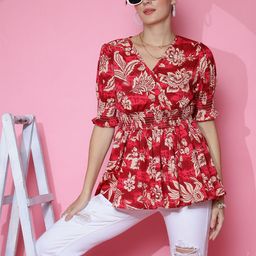 De La Moda Floral Print Puff Sleeve Crepe Top-image-67