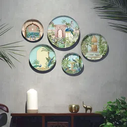DESSINE ART 5-Pcs Green & Blue Printed Ethereal India Wall Plates Decor-11