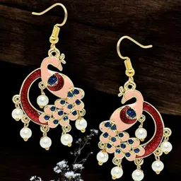 Anouk Artificial Stones Studded & Beaded Meenakari Peacock Shaped Drop Earrings-16
