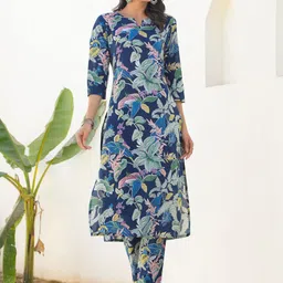 Janasya Women Navy Blue Pure Cotton Floral Printed Straight Kurta Pant Set-picture-31