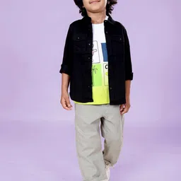 KiddoPanti Boys Printed Pure Cotton T-Shirt With Shirt & Trousers-picture-26