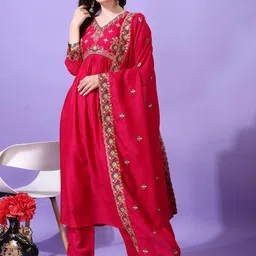 KALINI Floral Yoke Design V-Neck Thread Work Kurta With Palazzos And Dupatta-image-94