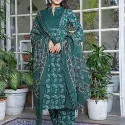 KALINI Floral Printed Mandarin Collar Pure Cotton Anarkali Kurta With Trousers & Dupatta-picture-20