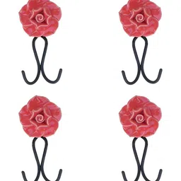 IndianShelf Pink & Black 4 Pieces Rose Textured Ceramic Wall Hooks-image-44