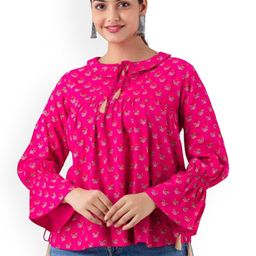 DMP FASHION Floral Printed Tie-Up Neck Puff Sleeves Cotton Pleated Tops-picture-37