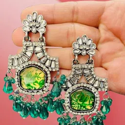 OPUS GEMS Artificial Stones Studded & Beaded Floral Shaped Drop Earrings-picture-35