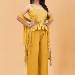 PARROT CREATION Women Embroidered Regular Sequinned Top with Sharara & With Dupatta image 2