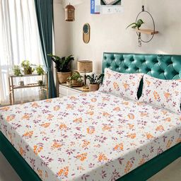 KLOTTHE White Floral 300 TC Cotton Blend Double Bedsheet in Book Fold Packing-image-83