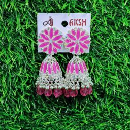 WGC 3 Pink Crystal, Beads Alloy Jhumki Earring-image-30