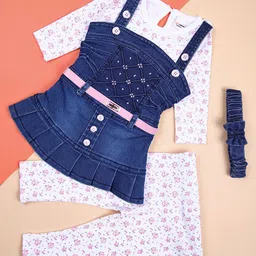 V-Mart Girls Printed Round Neck Pure Cotton Top with Leggings & Dungarees-image-6