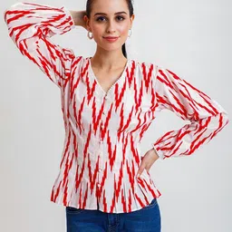 Golden Mirror Abstract Printed V-Neck Long Sleeves Cotton Tops-20