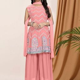 PARROT CREATION Floral Embroidered Sequinned Georgette A-Line Kurti With Sharara & Dupatta-image-5