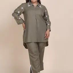 Bani Women Embroidered Plus Size Shirt Collar Neck Casual Tunic With Trouser Co-Ords-picture-11