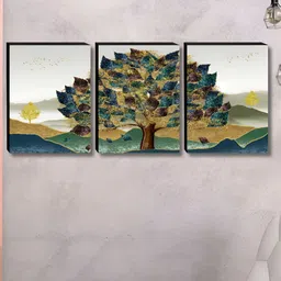 SAF Green & Gold-Toned 3 Piece Floral And Botanical Tree Wood Wall Art-picture-23