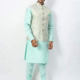 Ethluxis Mandarin Collar Jacquard Dupion Silk Kurta With Churidar & Nehru Jacket-image-61