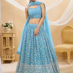 ETHNIC PLUS Embellished Sequinned Semi-Stitched Lehenga & Unstitched Blouse With Dupatta-image-9