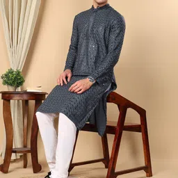 TATTVA Men Thread Work Pastels Kurta-picture-49