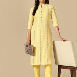 KALINI Striped Mandarin Collar Thread Work Straight Kurta With Trousers-image-46