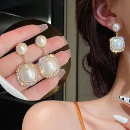 kazare Rhodium-Plated Artificial Stones & Beaded Geometric Drop Earrings-6