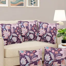 FABINALIV Purple & Blue 5 Pieces Floral Velvet Reversible Square Cushion Covers-image-29