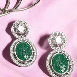 OOMPH Silver-Plated American Diamond Studded Oval Shaped Drop Earrings-16
